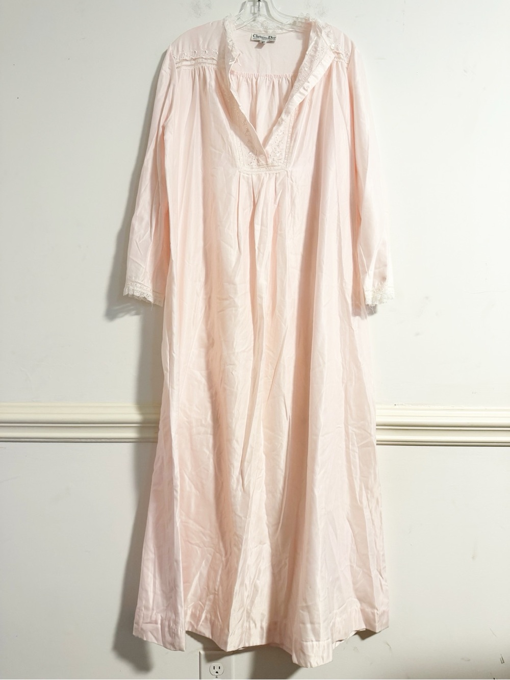 Vintage Christian Dior Pink Lace Trim Long Sleeve Maxi Nightgown Dress L
